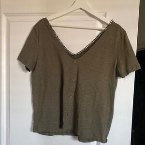Olive Green V-Neck Button Women's Top - large